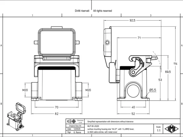 surface mounting housing, size 44.27, IL-BRID stainless steel, 1 lever, 2xM20 side