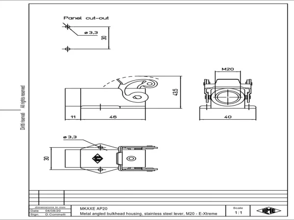bulkhead mounting housing, angled, size 21.21, E-Xtreme alu, 1 lever stainless steel, 1xM20 side