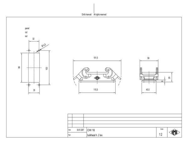 bulkhead mounting housing, size 77.27, C-TYPE alu, 2 levers