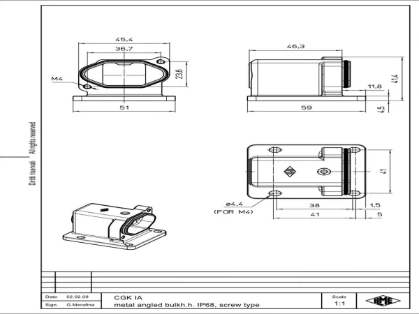 bulkhead mounting housing, angled, size 21.21, IP68 alu, screw locking