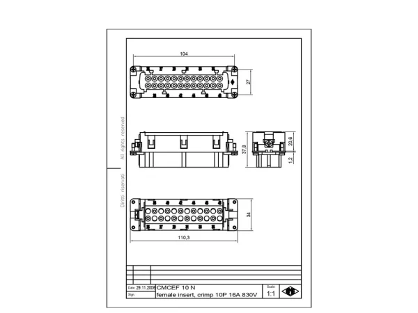 female insert, size 104.62, 10+2p+PE, crimp, 16A, 830V, no.11-20