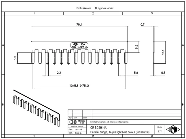 parallel bridge, for 14 contacts, 10A, 50V, for inserts CDSH, blue
