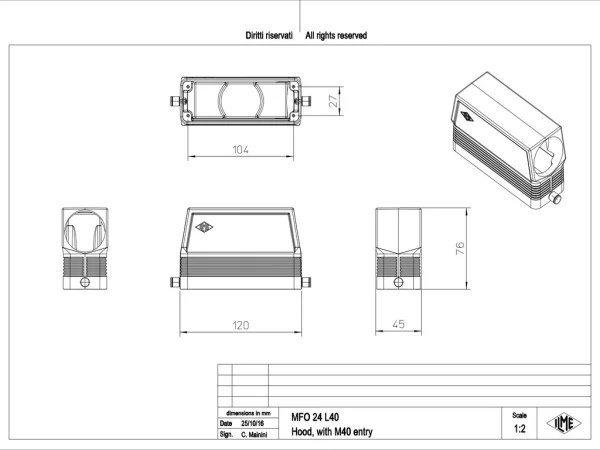 hood, high, size 104.27, C-TYPE alu, 2 pegs, 1xM40 side, no adaptor