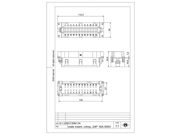 male insert, size 104.27, 24p+PE, crimp, 16A, 500V