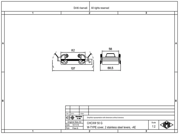 protection cover, size 66.40, W-type alu, 2 levers stainless steel, gasket