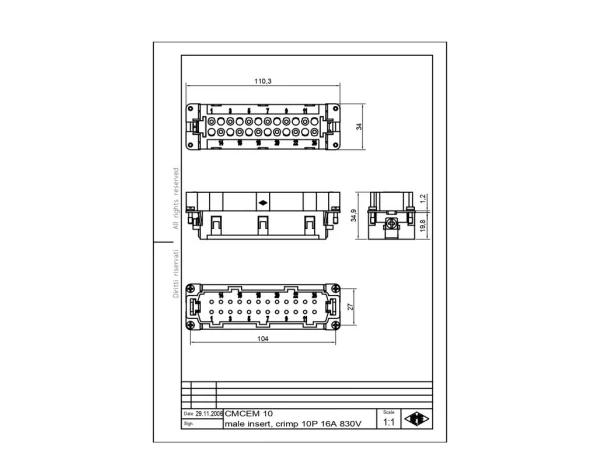 male insert, size 104.27, 10+2p+PE, crimp, 16A, 830V