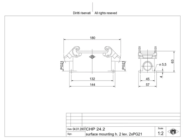surface mounting housing, size 104.27, C-TYPE alu, 2 levers, 2xPG21 side