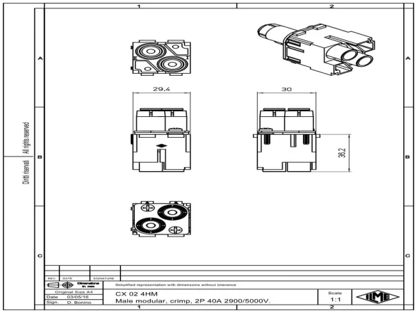 male insert, MIXO, 2MU, 2p, crimp, 40A, 2900/5000V,