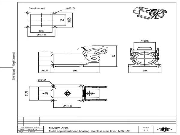 bulkhead mounting housing, angled, size 21.21, W-type zinc, 1 lever stainless steel, 1xM25 side