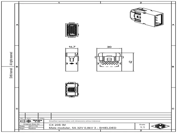male insert, MIXO, 1MU, 20p, crimp, 4A, 32V