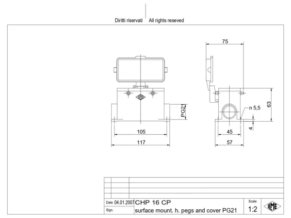 surface mounting housing, size 77.27, C-TYPE alu, 4 pegs, 1xPG21 side, cov.