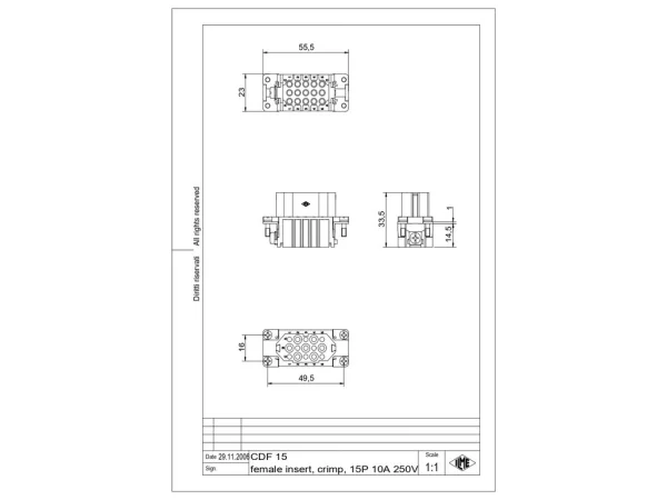 female insert, size 49.16, 15p+PE, crimp, 10A, 250V