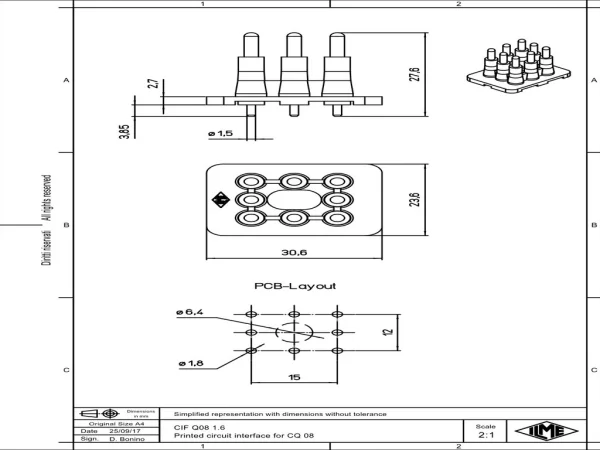 PCB-adapter, 8p+GND, 16A, 230/400V, for PCB-size up to 1,6mm