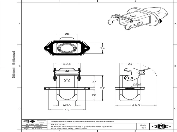 bulkhead mounting housing, size 21.21, EMC zinc, 1 lever, 1xM20 rear