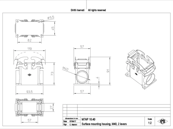 surface mounting housing, high, size 57.27, V-TYPE alu, 2 levers, 1xM40 side