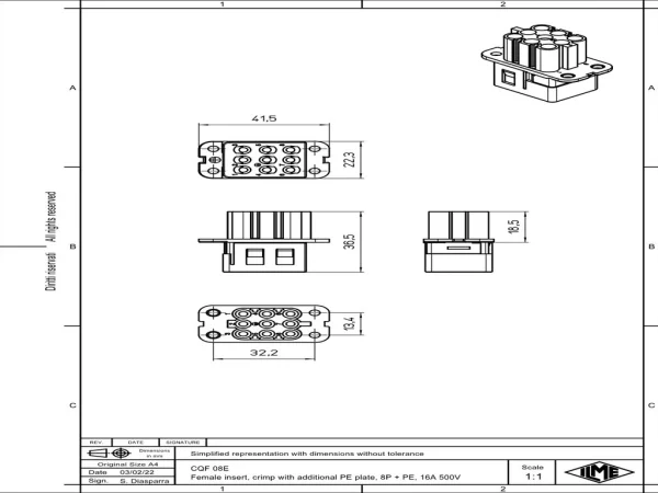 female insert, size 32.13, 8p+PE, crimp, 16A, 500V, additional PE plate