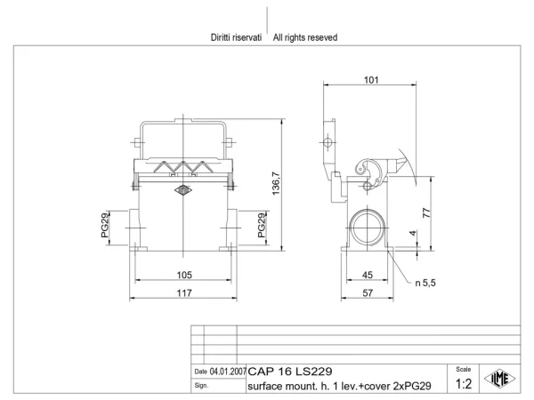 surface mounting housing, high, size 77.27, C-TYPE alu, 1 lever, 2xPG29 side, cov.