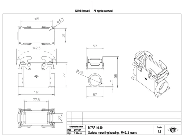 surface mounting housing, high, size 77.27, V-TYPE alu, 2 levers, 1xM40 side