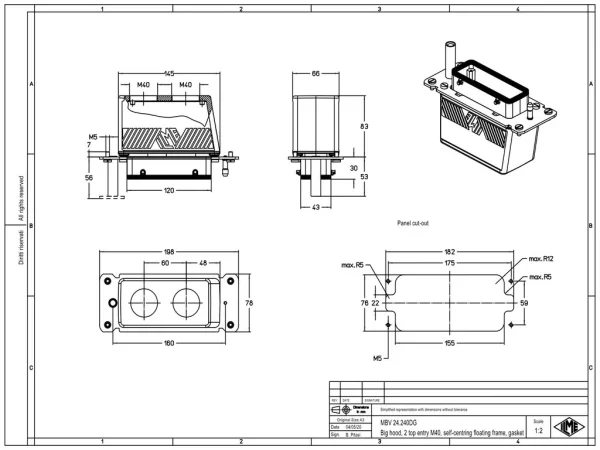 hood, size 104.27, BIG alu, 2xM40 top, self-centring docking frame, gasket