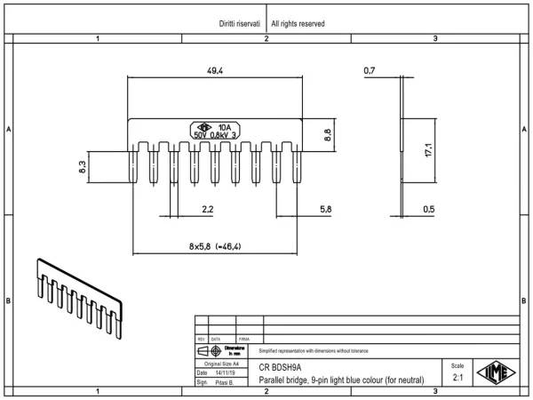 parallel bridge, for 9 contacts, 10A, 50V, for inserts CDSH, blue