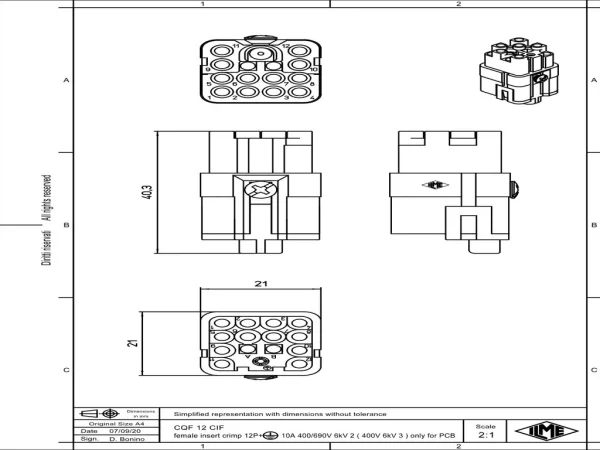 female insert, size 21.21, 12p+PE, 7,5A, 250V, for CIF Q12 2.4
