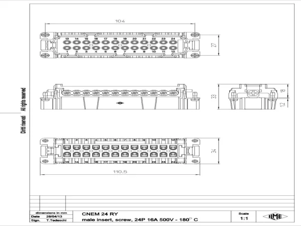 male insert, size 104.27, 24p+PE, silver, screw, 16A, 500V, 180°C