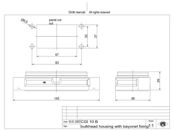 bulkhead mounting housing, size 57.27, IP68 alu, bayonet locking