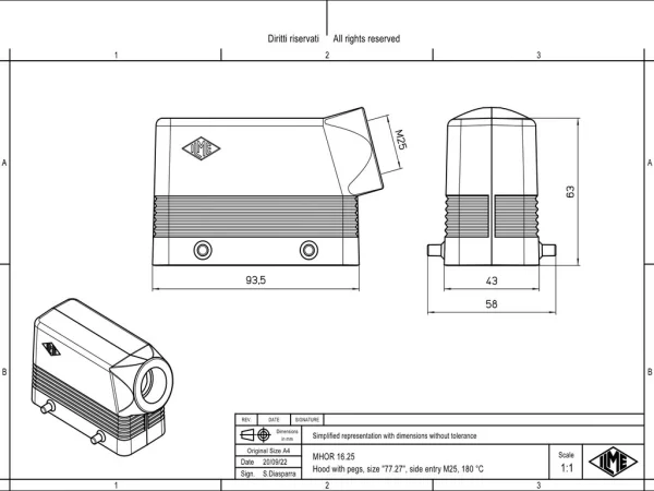hood, size 77.27, 180°C alu, 4 pegs, 1xM25 side