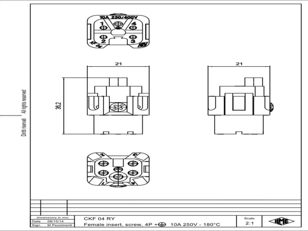 female insert, size 21.21, 4p+PE, silver, screw, 10A, 230/400V, 180°C