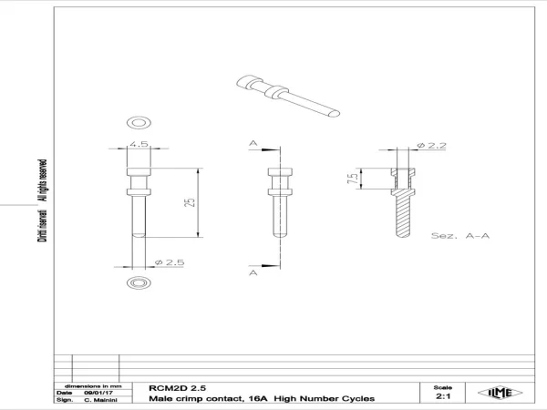 male contact, 2,5mm², gold HNM, crimp, 16A, series CC