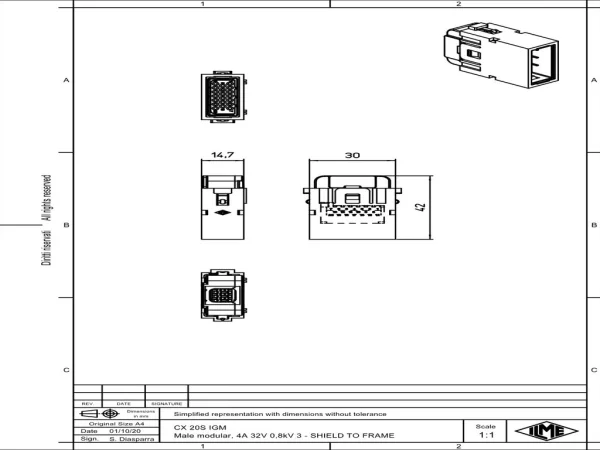 male insert, MIXO, 1MU, 20p, crimp, 4A, 32V, with contact to PE