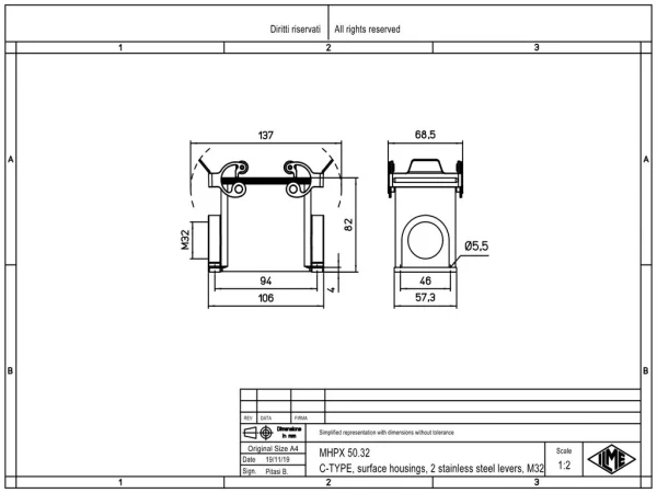 surface mounting housing, size 66.40, C-TYPE alu, 2 levers stainless steel, 1xM32 side