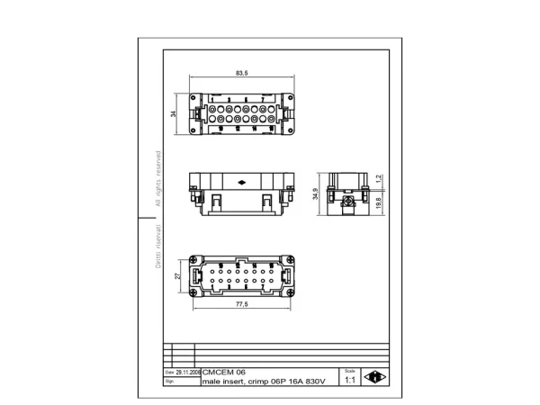 male insert, size 77.27, 6+2p+PE, crimp, 16A, 830V