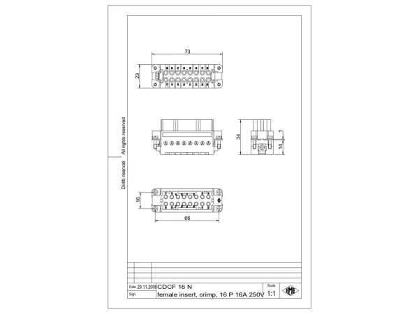 female insert, 16p+PE, crimp, 16A, 250V, for size 66.40 no.17-32