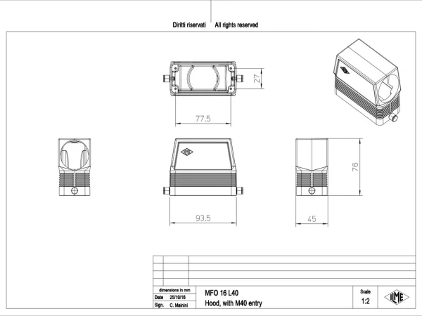 hood, high, size 77.27, C-TYPE alu, 2 pegs, 1xM40 side, no adaptor