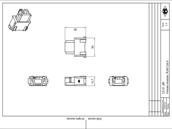 female insert, MIXO, 1MU, 8 - RJ45, 1A, 50V, RJ45