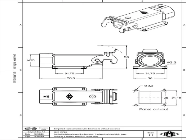 bulkhead mounting housing, angled, size 21.21, CKA zinc, 1 rigid lever steel, 1xM25 side