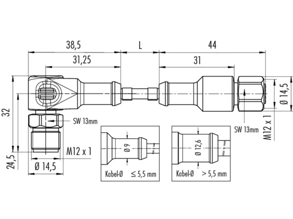 Connecting cable, male cable connector M12x1 & female cable connector M12x1