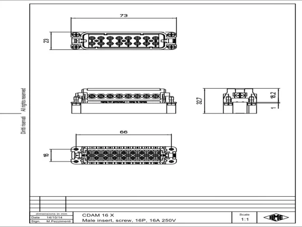 male insert, size 66.16, 16p+PE, silver, screw, 16A, 250V