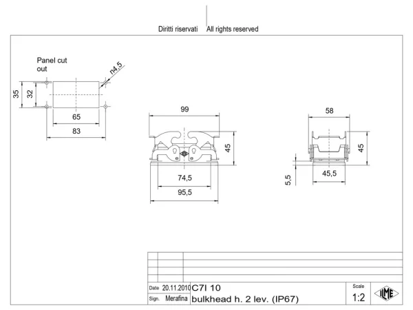 bulkhead mounting housing, size 57.27, V-TYPE alu, 2 levers