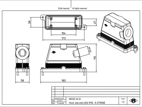 hood, size 104.27, IP68 E-Xtreme alu, screw locking, 1xM32 side