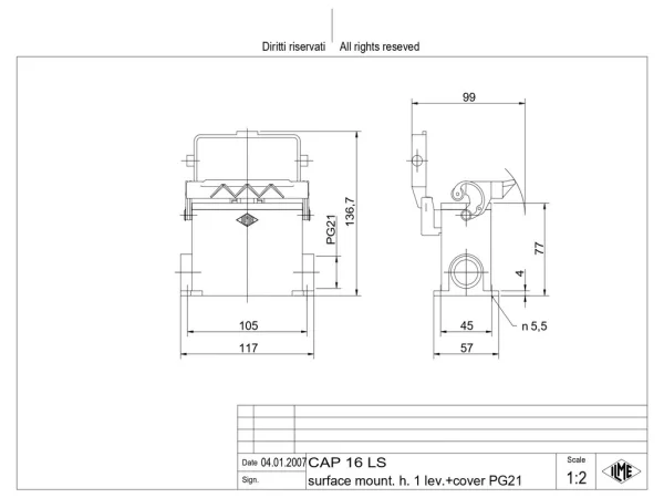 surface mounting housing, high, size 77.27, C-TYPE alu, 1 lever, 1xPG21 side, cov.