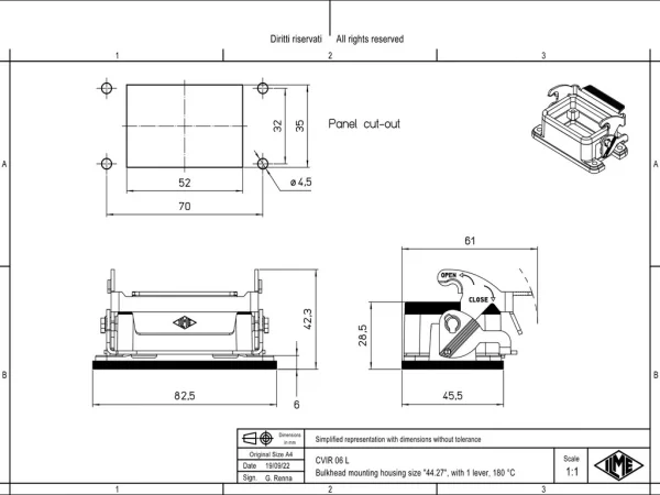 bulkhead mounting housing, size 44.27, 180 °C alu, 1 lever