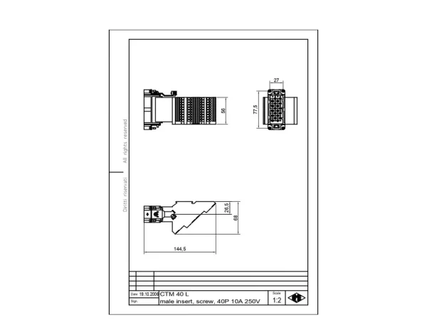 male insert, size 77.27, 40p+PE, silver, screw, 10A, 250V, left