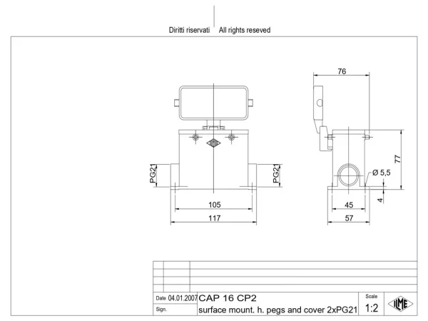 surface mounting housing, high, size 77.27, C-TYPE alu, 4 pegs, 2xPG21 side, cov.