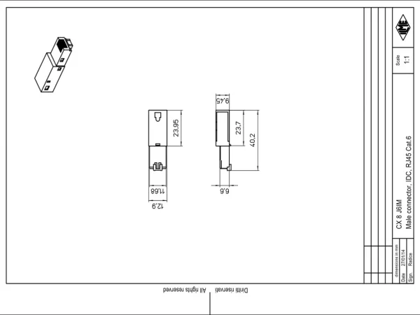 male insert, MIXO, 8p, IDC-connection, 1A, 50V, RJ45