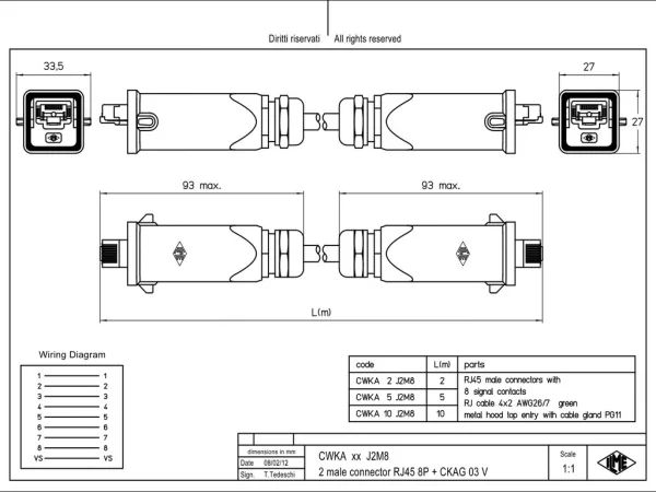 patch cable, 2,0m, with 2xRJ45 insert CJ KM+CX 8 JM into alu housing MKAG V20