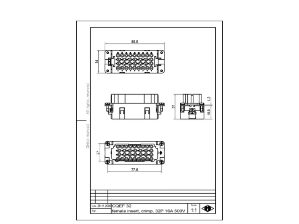 female insert, size 77.27, 32p+PE, crimp, 16A, 500V