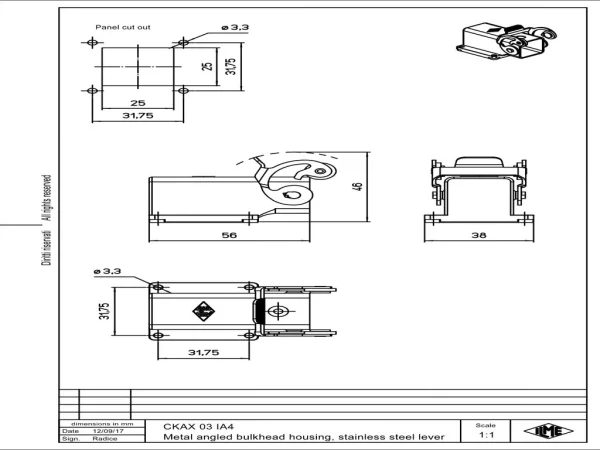 bulkhead mounting housing, angled, size 21.21, CKA zinc, 1 lever stainless steel, large cable gland