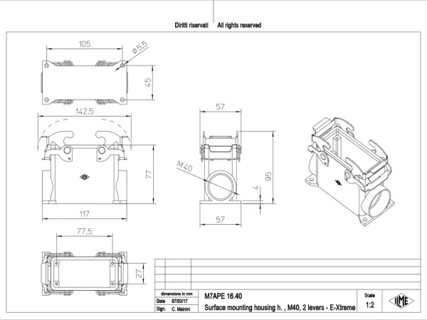 surface mounting housing, high, size 77.27, E-Xtreme alu, 2 levers, 1xM40 side